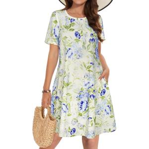 imageSummer Dresses for Women Casual Tshirt Short Sleeve Floral Sundress Beach Cover Ups with PocketsA White Purple Floral
