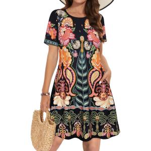 imageSummer Dresses for Women Casual Tshirt Short Sleeve Floral Sundress Beach Cover Ups with PocketsAa Yellow Flower