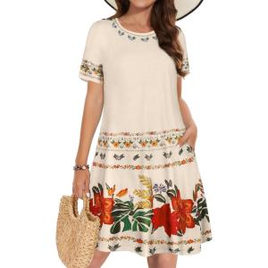 imageSummer Dresses for Women Casual Tshirt Short Sleeve Floral Sundress Beach Cover Ups with PocketsApricot Flower