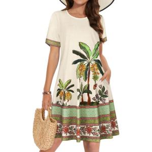 imageSummer Dresses for Women Casual Tshirt Short Sleeve Floral Sundress Beach Cover Ups with PocketsApricot Leaves