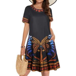 imageSummer Dresses for Women Casual Tshirt Short Sleeve Floral Sundress Beach Cover Ups with PocketsBlack Bay Tree