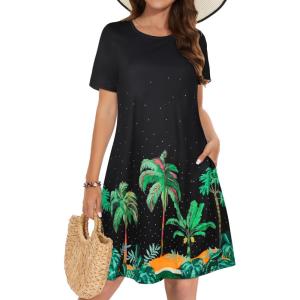 imageSummer Dresses for Women Casual Tshirt Short Sleeve Floral Sundress Beach Cover Ups with PocketsBlack Coconut Tree
