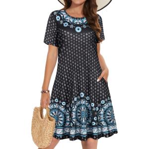imageSummer Dresses for Women Casual Tshirt Short Sleeve Floral Sundress Beach Cover Ups with PocketsBlack Star Boho