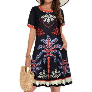 imageSummer Dresses for Women Casual Tshirt Short Sleeve Floral Sundress Beach Cover Ups with PocketsBlack Tree Boho