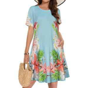 imageSummer Dresses for Women Casual Tshirt Short Sleeve Floral Sundress Beach Cover Ups with PocketsBlue Flower Leaves