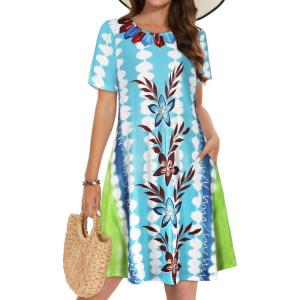 imageSummer Dresses for Women Casual Tshirt Short Sleeve Floral Sundress Beach Cover Ups with PocketsBlue Grass