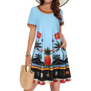 imageSummer Dresses for Women Casual Tshirt Short Sleeve Floral Sundress Beach Cover Ups with PocketsBlue Pineapple Tree