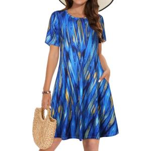 imageSummer Dresses for Women Casual Tshirt Short Sleeve Floral Sundress Beach Cover Ups with PocketsBlue Stripe