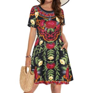 imageSummer Dresses for Women Casual Tshirt Short Sleeve Floral Sundress Beach Cover Ups with PocketsBoho