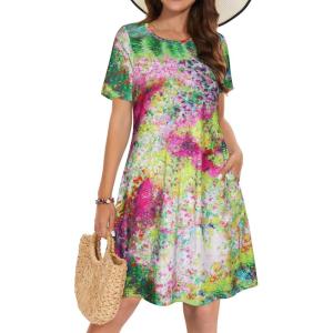 imageSummer Dresses for Women Casual Tshirt Short Sleeve Floral Sundress Beach Cover Ups with PocketsColourful Gardens