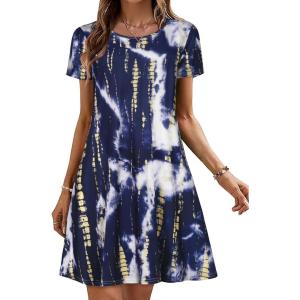 imageSummer Dresses for Women Casual Tshirt Short Sleeve Floral Sundress Beach Cover Ups with PocketsDeep Blue Tie Dye