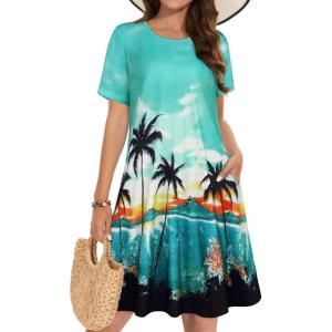 imageSummer Dresses for Women Casual Tshirt Short Sleeve Floral Sundress Beach Cover Ups with PocketsGreen Coconut Tree