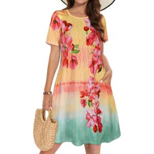 imageSummer Dresses for Women Casual Tshirt Short Sleeve Floral Sundress Beach Cover Ups with PocketsOrange Floral