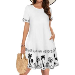 imageSummer Dresses for Women Casual Tshirt Short Sleeve Floral Sundress Beach Cover Ups with PocketsWhite Tree