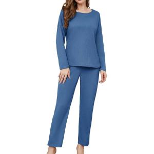 imageWEACZZY Womens 2 Piece Waffle Pajamas Sets Long Sleeve Tops and Leg Pants Matching Lounge Sets SleepwearBlueLarge