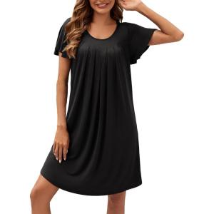 imageWEACZZY Womens Pleated Front Loose Fit Ruffle Short Sleeve Nightgowns Sleepwear Casual House Dress Sleepshirt LoungewearBlack