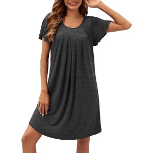imageWEACZZY Womens Pleated Front Loose Fit Ruffle Short Sleeve Nightgowns Sleepwear Casual House Dress Sleepshirt LoungewearDeep Gray