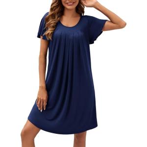 imageWEACZZY Womens Pleated Front Loose Fit Ruffle Short Sleeve Nightgowns Sleepwear Casual House Dress Sleepshirt LoungewearNavy Blue