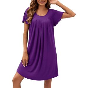 imageWEACZZY Womens Pleated Front Loose Fit Ruffle Short Sleeve Nightgowns Sleepwear Casual House Dress Sleepshirt LoungewearPurple