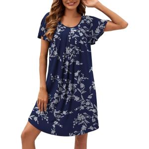 imageWEACZZY Womens Pleated Front Loose Fit Ruffle Short Sleeve Nightgowns Sleepwear Casual House Dress Sleepshirt LoungewearYh White Navy