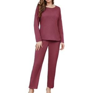 imageWEACZZY Womens Waffle Knit Pajama Sets Long Sleeve Top and Wide Leg Pants Matching Lounge SetsRust RedMedium