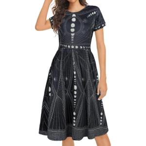 imageWomen Sundresses Summer Tshirt Short Sleeves Casual Swing Elastic Wasit Sun Dresses with Pockets Black PlanetsL