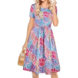 imageelescat Casual Dress for Women Summer Comfy Flowy Swing Plain Dresses Beach with Pockets Pink Blue CoralS