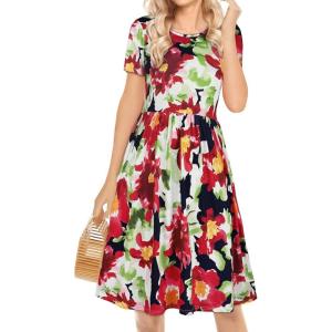 imageelescat Plus Size Dress for Womens Summer Swing Flowy Crew Neck T Shirt Sundresses with Pockets Red Green FlowerL