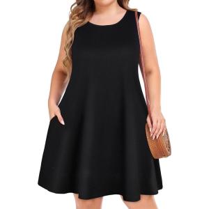 imageelescat Plus Size Summer Dresses for Women Sleeveless Pockets Beach Tshirt Tank Sundress00solid Black