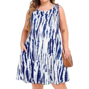 imageelescat Plus Size Summer Dresses for Women Sleeveless Pockets Beach Tshirt Tank SundressBlue Boho Tie Dye