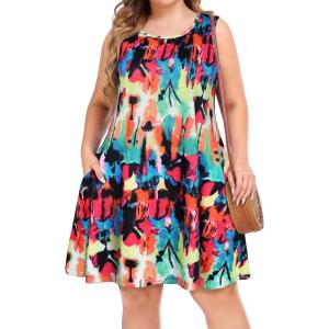 imageelescat Plus Size Summer Dresses for Women Sleeveless Pockets Beach Tshirt Tank SundressColorful Printing