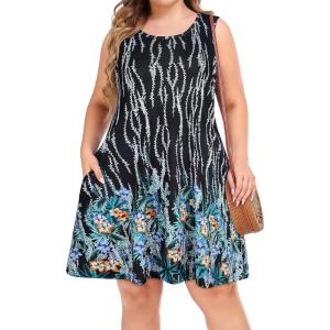 imageelescat Plus Size Summer Dresses for Women Sleeveless Pockets Beach Tshirt Tank SundressDeep Blue Leaf