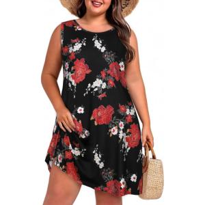 imageelescat Plus Size Summer Dresses for Women Sleeveless Pockets Beach Tshirt Tank SundressLarge Red Flower