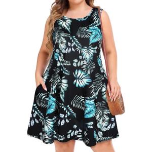 imageelescat Plus Size Summer Dresses for Women Sleeveless Pockets Beach Tshirt Tank SundressLeaf Floral