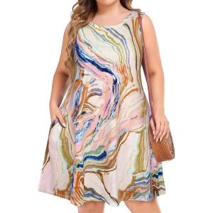 imageelescat Plus Size Summer Dresses for Women Sleeveless Pockets Beach Tshirt Tank SundressPink Colorful Printing