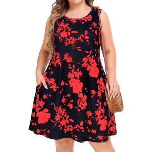imageelescat Plus Size Summer Dresses for Women Sleeveless Pockets Beach Tshirt Tank SundressRed Loose Flower