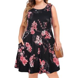 imageelescat Plus Size Summer Dresses for Women Sleeveless Pockets Beach Tshirt Tank SundressRose Flower