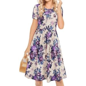 imageelescat Summer Dress for Women Casual Loose Sundresses Tank Shirt Beach Cover up with Pockets Beige Purple FlowerXL