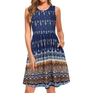 imageelescat Summer Dresses for Women Casual Sleeveless Tshirt Beach Flowy Tank Sundresses with PocketsBlue Boho
