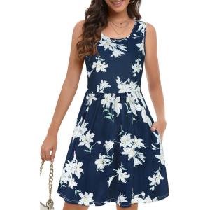 imageelescat Summer Dresses for Women Casual Sleeveless Tshirt Beach Flowy Tank Sundresses with PocketsDark Blue White Flower