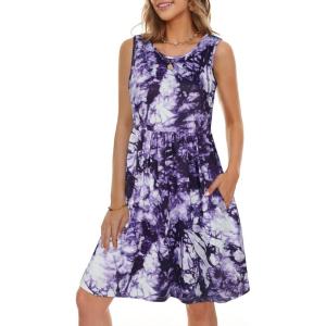 imageelescat Summer Dresses for Women Casual Sleeveless Tshirt Beach Flowy Tank Sundresses with PocketsWhite Purple Tie Dye