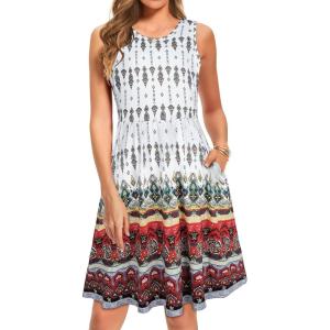 imageelescat Summer Dresses for Women Casual Sleeveless Tshirt Beach Flowy Tank Sundresses with PocketsWhite Red Boho
