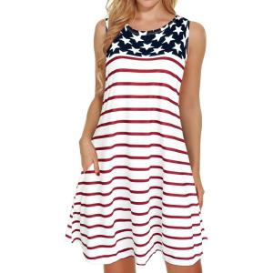 imageelescat Womens Summer Dresses 2025 Beach Casual Sleeveless Floral Print Tank Loose Sundress with PocketA American Flag
