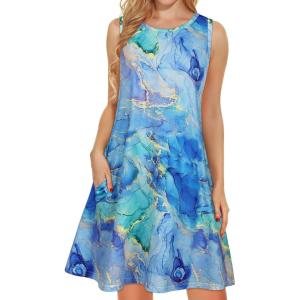 imageelescat Womens Summer Dresses 2025 Beach Casual Sleeveless Floral Print Tank Loose Sundress with PocketA Blue Tie Dye