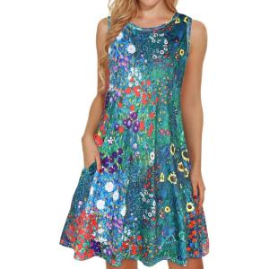 imageelescat Womens Summer Dresses 2025 Beach Casual Sleeveless Floral Print Tank Loose Sundress with PocketA Garden Blue Floral
