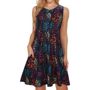 imageelescat Womens Summer Dresses 2025 Beach Casual Sleeveless Floral Print Tank Loose Sundress with PocketBlack Colorful