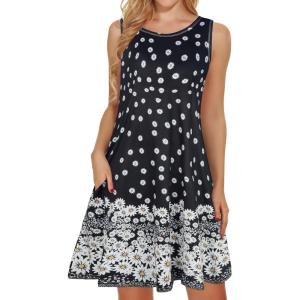 imageelescat Womens Summer Dresses 2025 Beach Casual Sleeveless Floral Print Tank Loose Sundress with PocketBlack Daisy
