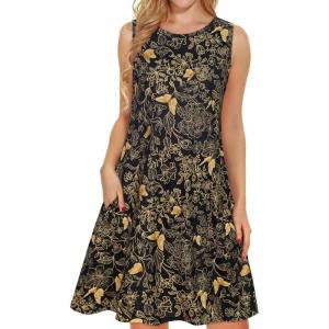imageelescat Womens Summer Dresses 2025 Beach Casual Sleeveless Floral Print Tank Loose Sundress with PocketBlack Golden Butterflies