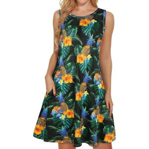 imageelescat Womens Summer Dresses 2025 Beach Casual Sleeveless Floral Print Tank Loose Sundress with PocketBlack Pineapple