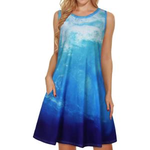 imageelescat Womens Summer Dresses 2025 Beach Casual Sleeveless Floral Print Tank Loose Sundress with PocketBlue Sea